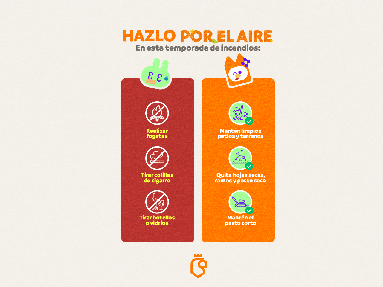 Hazlo por el aire, en esta temporada de incendios: No realices fogatas, ni tires colillas de cigarro. 