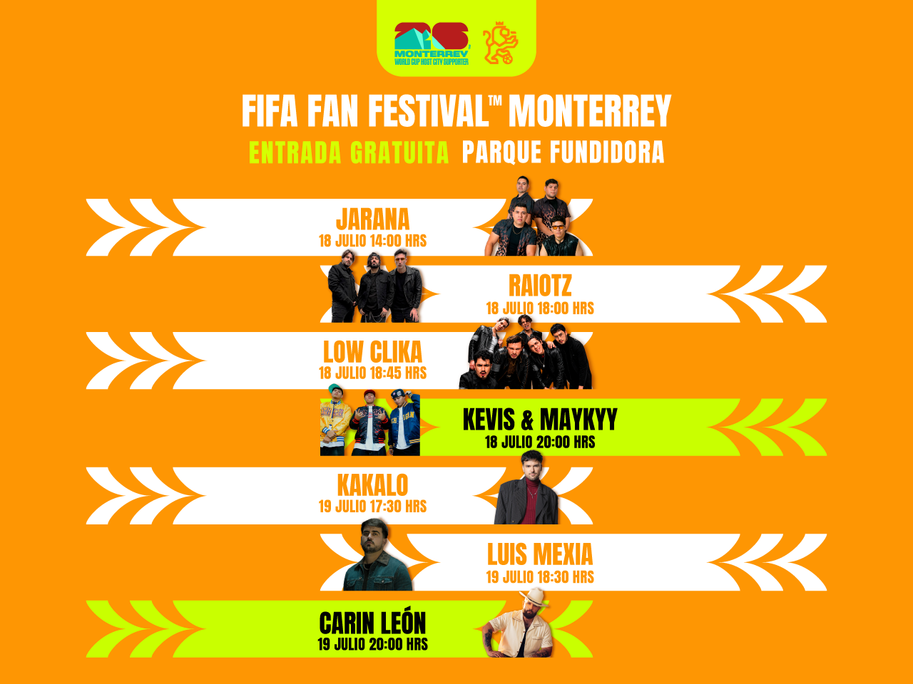 FIFA Fan Festival Monterrey, entrada gratuita - Parque Fundidora- 18 y 19 de Julio, presentación de varios artistas, entre ellos Carin León. 